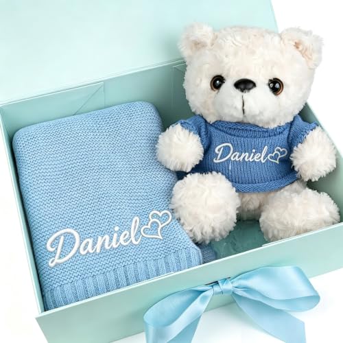 Image of Personalized Baby Blanket with Optional Teddy Bear, Custom Knit Blanket Embroidered with Name, 30x40in Custom Baby Gifts for Boys and Girls, Newborn for Boy /Girl