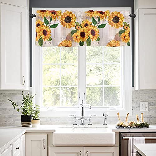 Valance For Windows Kitchen Valances With Rod Pocket, Vintage Sunflower Old Newspaper Texture Short Valance Curtains Semi-Sheer Decorative Window Valance For Living Room Bathroom Bedroom 54X18 Inches #TOP17