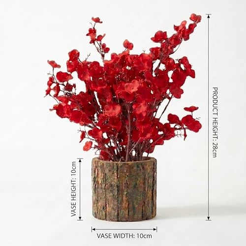 Image of Dekorly Artificial Red Baby's Breath Flower with Real Wooden Vase (28CM Overall Height) | Decorative Lifelike Faux Floral Plant in Rustic Tree Log Pot for Living Room(Red Baby's Breadth)