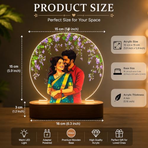 Image of Personalized Couple Photo Acrylic LED Lamp | Custom Romantic Night Light with Floral Artwork & Wooden Base | Anniversary, Wedding, Engagement, Valentine's Day Gift (Design 1)