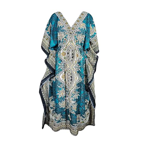 Teal Blue Long Kaftan Dress for Women – Elegant Kimono Gown – Loose Fit Plus Size Beach Cover Up – Stylish Evening & Vacation Lounge Dress
