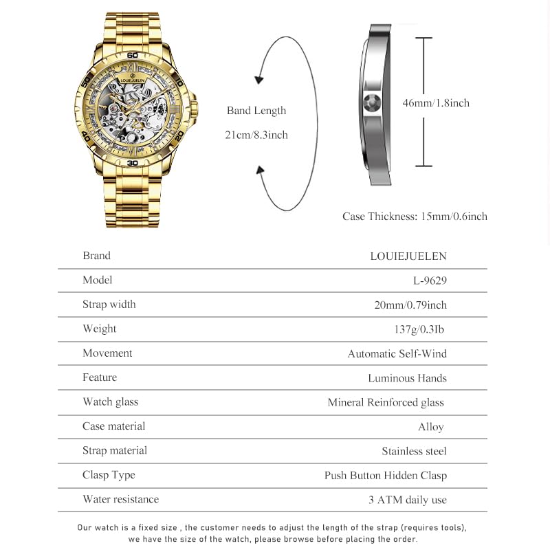 Image of Skeleton Automatic Mechanical Watch Mens Business Luxury Gift Steel Band | Stainless Steel Waterproof Male Golden Wristwatch Luminous Markers & Hands Hardlex Mirror Butterfly Double Button