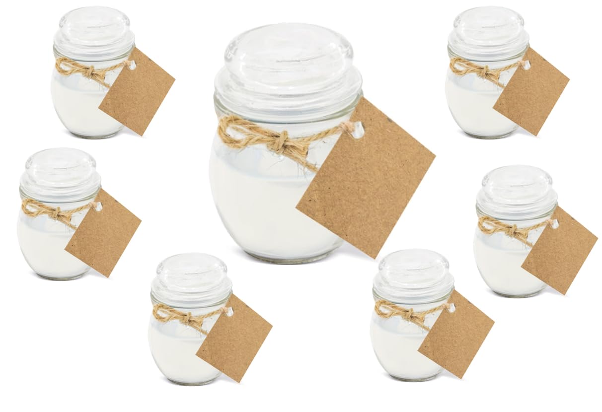 Velas Aromáticas (Pack 25 unidades) Velas Tarro Cristal DETALLE INVITADOS BODA BAUTIZO COMUNIÓN con etqueta para poner nombre y fecha (COCO (BLANCO))