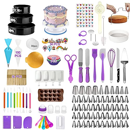 431 PCS Cake Decorating Kit Supplies Basic Baking Tools with Springform Pans, Cake Rotating Turntable, Stainless Steel Icing Tips Piping Set, Cake Pop Mold for Beginners