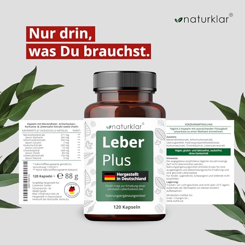 Leber Plus hochdosiert - 80% Silymarin, Mariendistel Kapseln mit Artischocke, Löwenzahn, Curcuma & Cholin - 120 Kapseln - Vegan - Milk thistle - Made in Germany