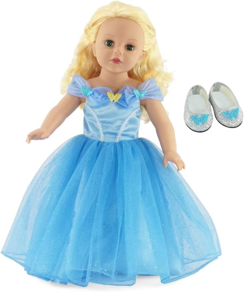 18 Inch Doll Clothes - 2PC Blue Princess Ball Gown with Glittery Shoes | 18" Doll Costume | Compatible with American Girl and My Life As Dolls