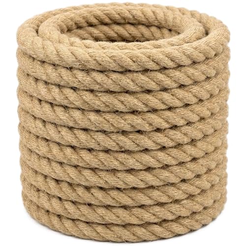 Natural Jute Rope (1 Inch x 50 Feet) Thick Hemp Rope 4 Strands Twisted Manila Ropes for Swing Bed, Deck Railing, Nautical Decor & DIY Crafts by HZXXJCO - Used condition - CA$41.03