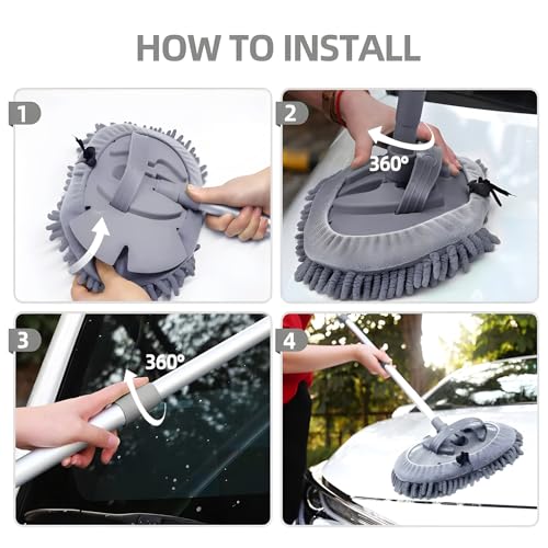 Image of WISHKEY Car Cleaning Combo - Microfiber Wash Mop with 101 cm Extendable Handle & Duster Brush, 30x40 cm 500 GSM Soft and Super Absorbent Microfiber Cloths for Car, Bike & Home Cleaning