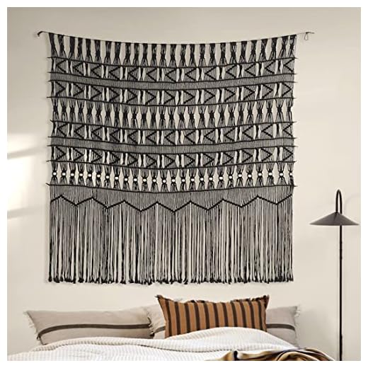 Flber Macrame Curtain Black Boho-Inspired Touch Window Macrame Wall Hanging,52" Wx56 H Black