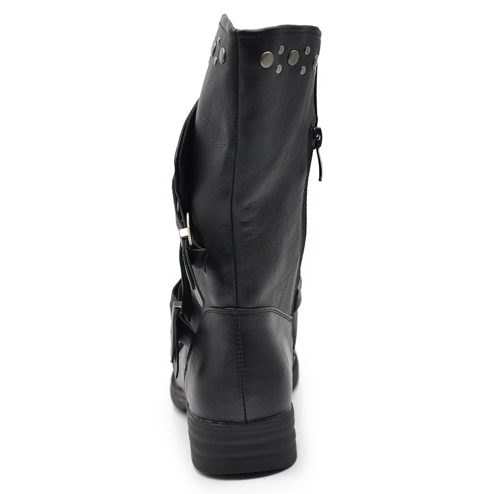 IF Fashion Scarpe Da Donna Stivali Stivaletti Biker Fibbie Anfibi Al Polpaccio Largo Con Borchie 647-2