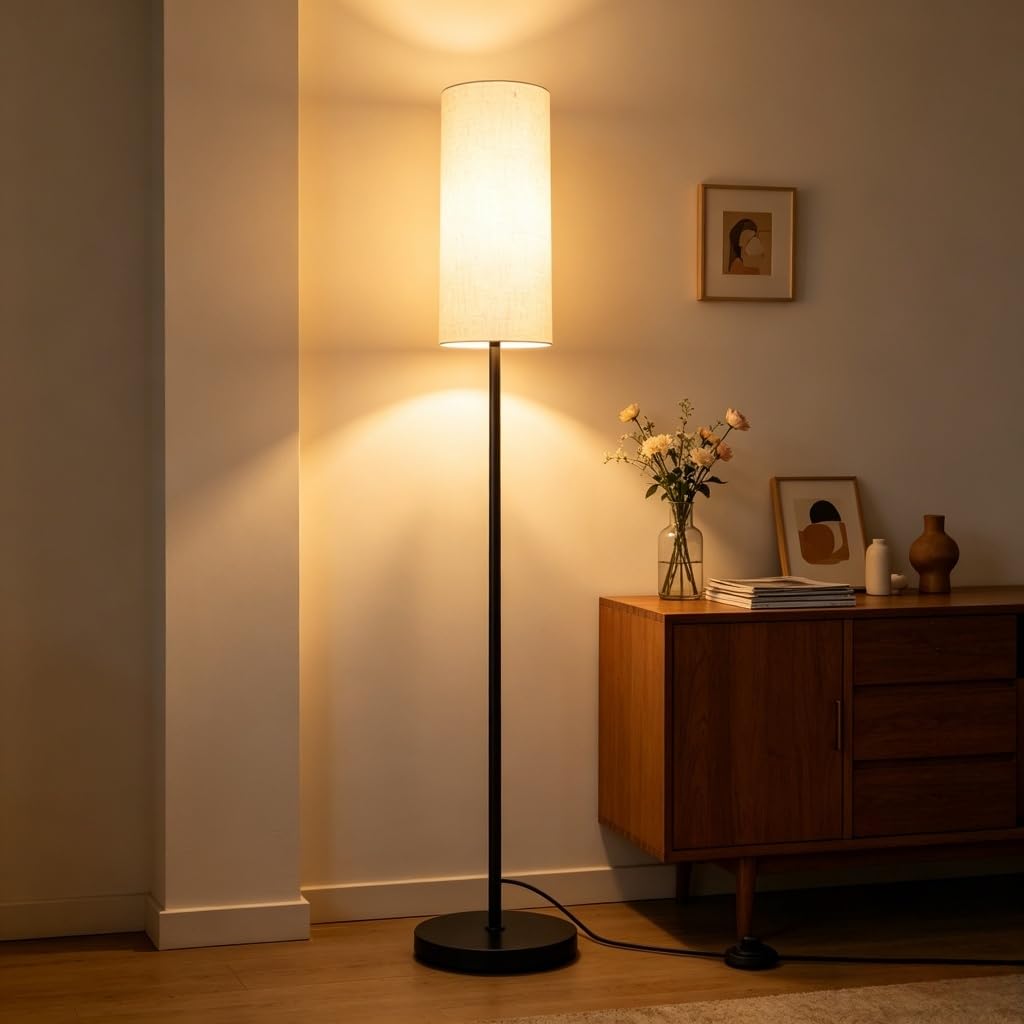 Moderne Stehlampe E27 Schwarz mit Stoffschirm Weiß | Fußschalter, Für Wohnzimmer, Schlafzimmer, Arbeitszimmer, Für Schülerzimmer