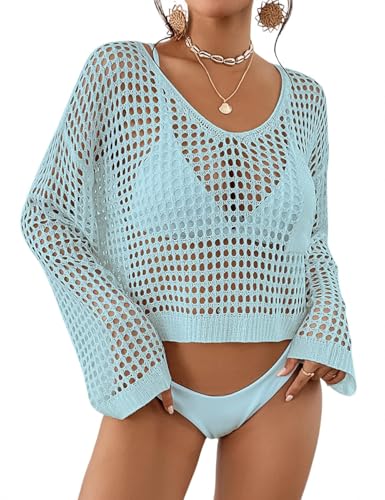 Bsubseach Mujer Crochet Top Traje de Baño de Playa Cubierta de Manga Larga Hueco Ropa de Verano Azul Claro