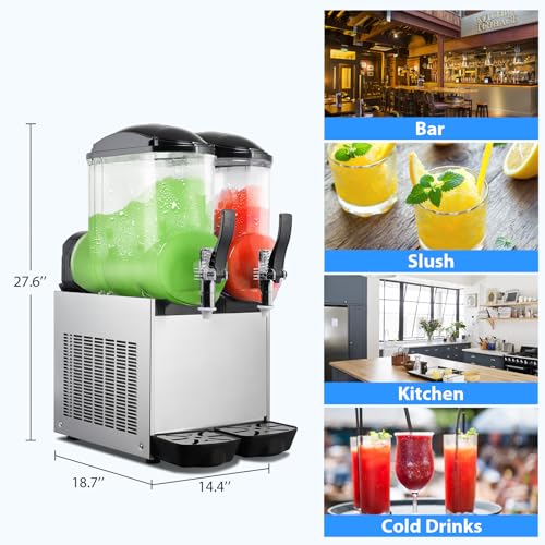 Image of Slushie Machine Commercial, 4Galx2 Tanks Frozen Drink Machine, 110V Stainless Steel Margarita Slushie Maker for Restaurant Bar Home Party Cocktail Alcohol Beverage Wine (Shiny Silver- 3 modes)
