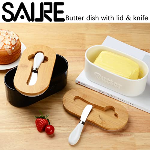 Butter Dish, Ceramic Butter Dish With Lid And Knife, White Butter Dish With Cover For Countertop, Double Silicone Seal Airtight Butter Keeper Container With Covers, Embossment Butter Crock #TOP5