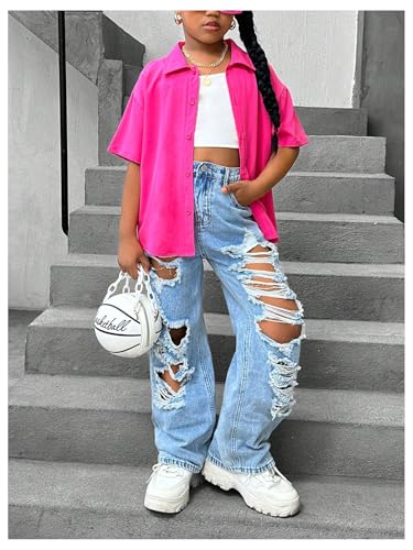 Floerns Girl's Distressed Jeans Baggy Wide Straight Leg Y2k Ripped Denim Pants4