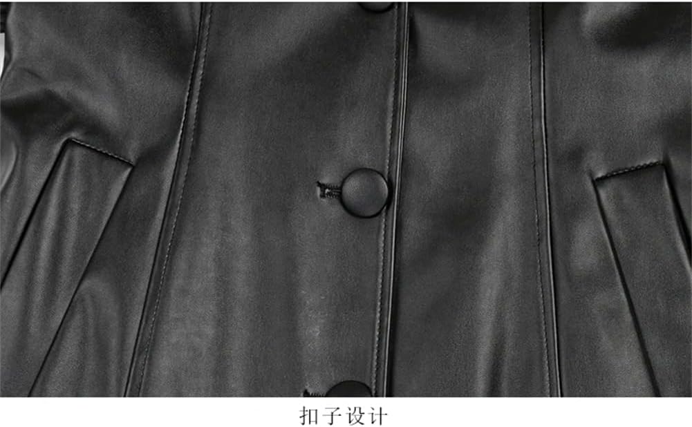 Adhdyuud Women Long Black Fitted Soft Pu Leather Coat Autumn Casual Sashes Single Breasted Jacket Black XXL