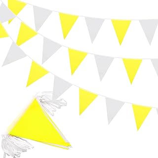 Banderines de tela de 20 m, color blanco y amarillo, 52 banderines de tela, banderas impermeables, banderines reutilizables para decoración de fiestas en interiores y exteriores