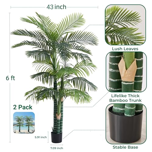 Image of 6FT Artificial Golden Cane Palm Tree with 3 Trunks, Set of 2 | Realistic Foliage, UV Resistant, Indoor /Outdoor Fake Plants in Pot, Perfect Tropical Decor, Easy Setup, Maintenance Free