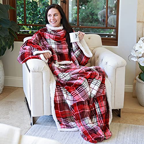 Image of Sherpa Wearable Blanket with Sleeves & Foot Pockets for Adult Women Men, Comfy Snuggle Wrap Sleeved Throw Blanket Robe, Gift Idea, Plaid