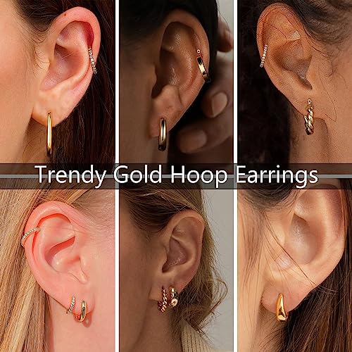 Image of Yesteel 9 Pairs Gold Hoop Earrings for Women, 14K Real Gold Plated Chunky Hoop Earrings Set for Women Hypoallergenic Thick Lightweight Earring for Womens Jewelry Gifts
