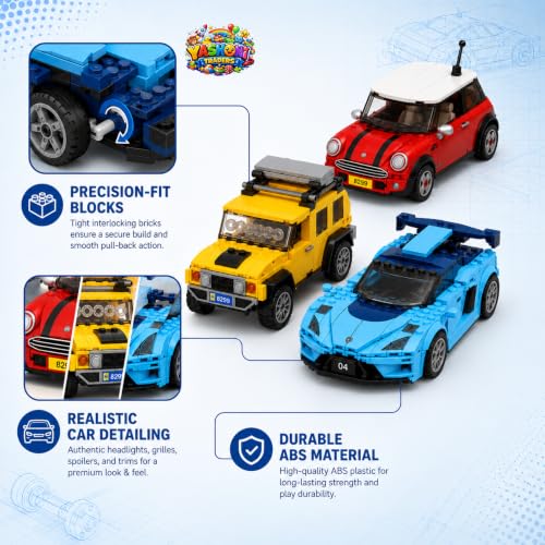 Image of Yashoni Pocket Block Pull-Back Cars Pack of 3-309 Pcs Building Blocks Set | Pull Back & Go Racing Action, STEM Construction Toy for Kids 6+ Boys & Girls | Educational 3D Building Kit, Gift