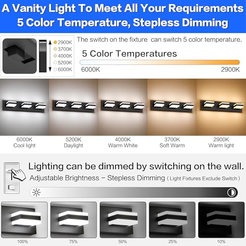 Image of SOLFART Bathroom Light, 5 Color Temperature LED Bathroom Vanity Fixtures, Black 3 Lights Vanity Light Over Mirror Modern LED Light Adjustable Color 5CCT