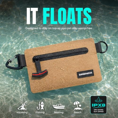 Image of Drench RFID Waterproof Floating Wallet IPX8 Dry Bag for Cards & Cash, Tan | IPX8 waterproof RFID wallet for cards, cash & keys with floating design, adjustable lanyard, belt loop & carabiner