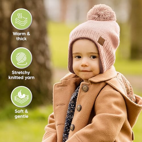 Image of Baby Beanie Winter Hat 6-36 Months - Cute Pom Winter Baby Hats with Earflaps, Soft & Stretchy Knit Toddler Beanies for Infant, Newborn 6-36 Months Boys, Girls, Cozy, Warm Fall Essentials (Blush, M)