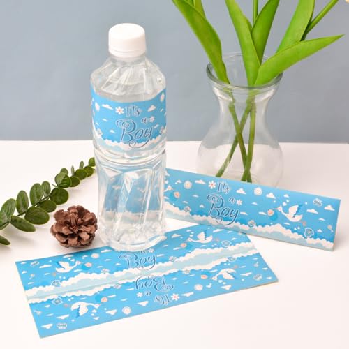 URROMA 48 Pcs Blue Baby Gender Reveal Water Bottle Labels Stickers for Baby Shower Party Boy, Vinyl, Minimalist, Rectangular - Image 4