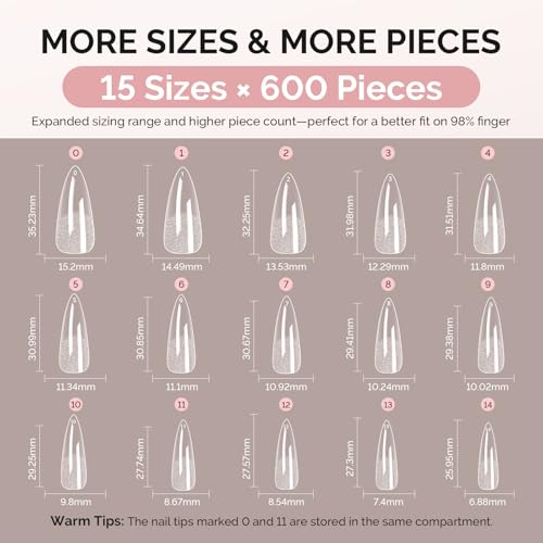 Image of MelodySusie Long Almond Stiletto X Nail Tips - 600Pcs 15 Sizes Clear Acrylic, Half Matte Full Cover Press on Nails for DIY Extension & Salon Use, Pre-Shaped for Long-Lasting Manicure
