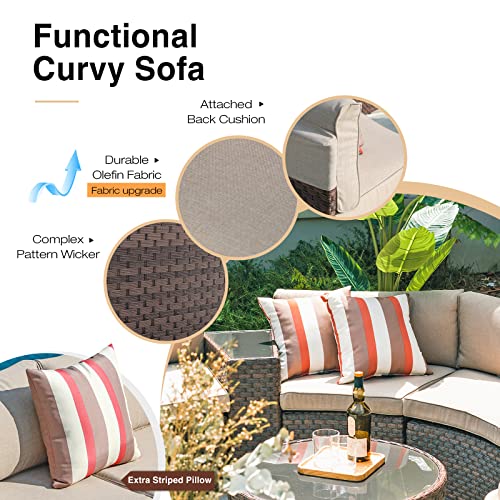 Sunsitt Outdoor 7-Piece Half-Moon Sectional Furniture Set With Round Coffee Table, Patio Curved Sofa Set, Beige Cushion And Brown Wicker, Incl. Waterproof Cover #TOP3
