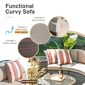 SUNSITT Outdoor 7 Piece Half Moon Sectional Furniture Set with Round Coffee Table Patio Curved Sofa Set Beige Cushion and Brown Wicker Incl Waterproof Cover