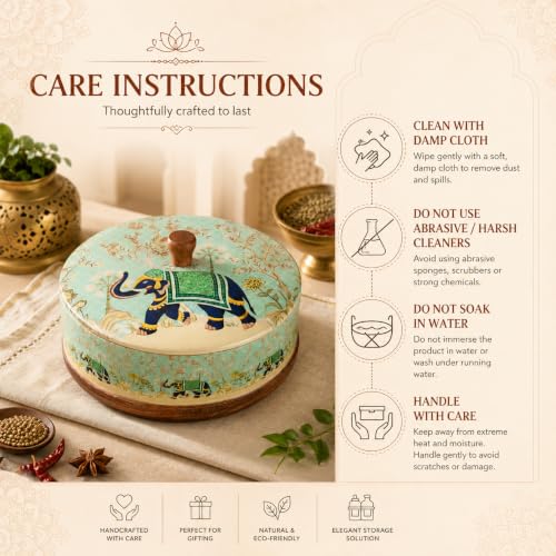 Image of Premium Wooden Masala Box with 7 Stainless Steel Spice Containers & Spoon | Traditional Elephant Print Spice Organizer | Wooden Masala Dabba for Kitchen Storage & Dining