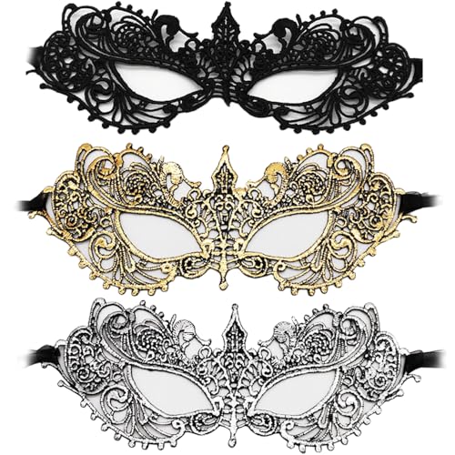 YFTRFR 3 peças máscara veneziana mulher máscaras de renda ornamentos para Veneziano carnaval máscara festa temática disfarce ouro prata preto máscara de meia face
