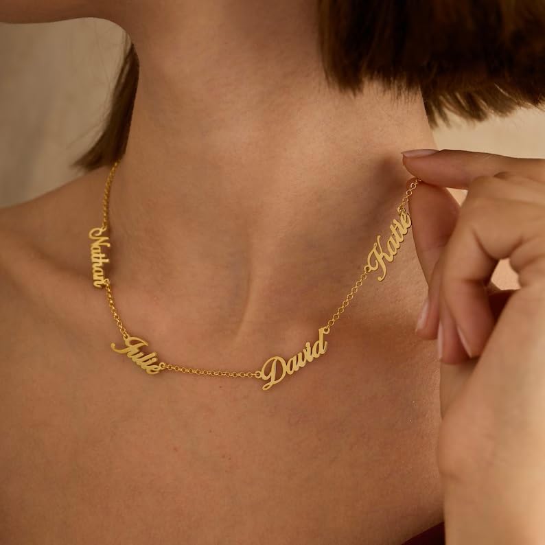 Yoke Style Custom Name Necklace Personalized 18K Gold Plated Nameplate for Women, Customized Choker Necklace with Multiple Names Personalized Mother’s Day Jewelry Gift for Mom Family3