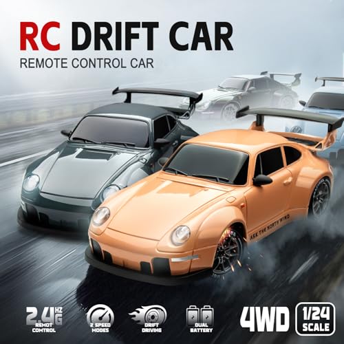 Image of RC Drift Car, 1:24 Scale 4WD High-Speed Flesh Pink Drift RC Car | For Adults Kids, 2.4GHz Remote Control Racing Toy Car with LED Lights, Extra Tires, Rechargeable Batteries & Traffic Cones