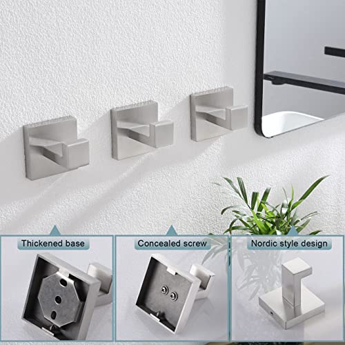 Image of KOKOSIRI Bath Towel Hook Wall Mount Square Robe Hook Coat Hook Bathroom Kitchen Garage Heavy Duty SUS 304 Stainless Steel 3 Pack Brushed Nickel B1010BR-P3