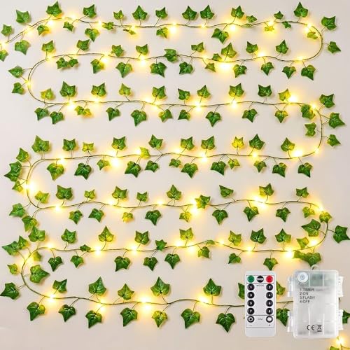 Dekofun Efeu Lichterkette Batterie 10M 100 LED Efeu Künstlich mit Fernbedienung Timer 8 Modi Lichterkette Fake Efeu Girlande für Zimmer Balkon Aesthetic Room Wand Frühling Innen Outdoor Deko