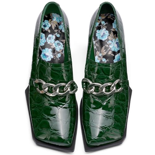 Image of Loafers for Women Patent Leather Buckle Square Toe Chunky Block Dress Slip On Wide Casual Comfortable Dressy High Heels Ladies Comfort Moccasins Elegantes 2 Inch Shoes