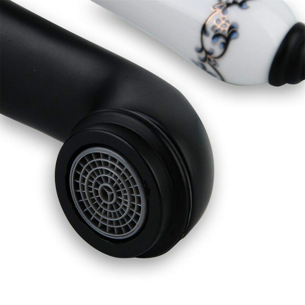 Grifo Lavabo Vintage de Cuenca Individual de Control de de Agua Caliente Fría Rústico Baño Grifo Lavabo Antiguo Cerámica Floral con Mezclador Monomando para Lavabo de Cocina (Negro)