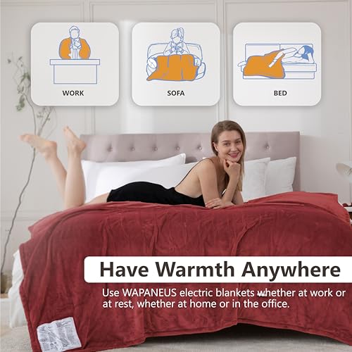 Image of Wapaneus Heated Blanket Electric Full Size 72 inchx84 inch with 10 Heating Levels 12 Timer Settings and 8 Hours Auto-Shut Off,Flannel Fast-Heating Electric Blanket,ETL Listed Machine Washable,Red