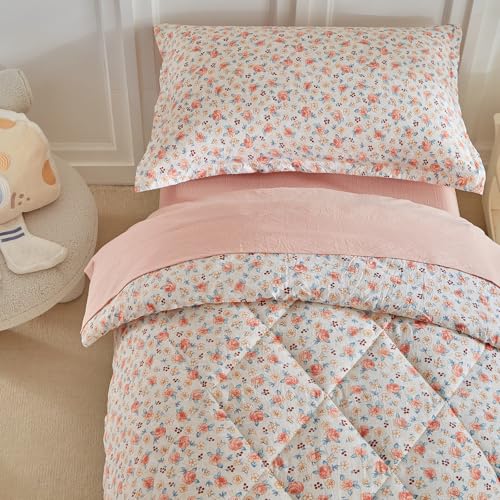 Image of DuShow Toddler Bedding Set for Girls,4 Pieces Floral Toddler Girl Comforter Set,Super Soft Reversible Toddler Sheet Set,Lightweight Crib Bed Set -Pink