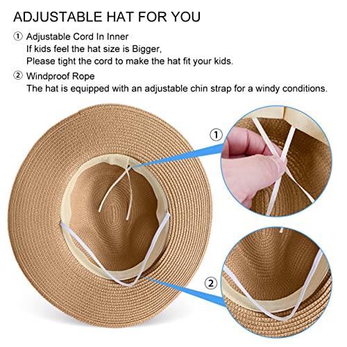 Iyebrao 2 Pack Kids Girls Boys Straw Hat Panama Wide Brim Fedora Hat Fine Braid Summer Sun Visor Hat With Wind Lanyard For Beach Travel (2 Pack Beige & Khaki) #TOP3