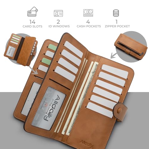 RFID Blocking Leather Wallet for Women, Slim Trifold with 14 Card Slots and Zipper Pocket (Brown)2
