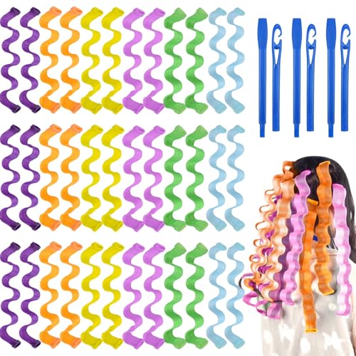 Lot de 36 bigoudis en spirale - Kit de coiffure - Pas de chaleur - Multicolore - Avec 2 crochets de coiffage pour cheveux longs et courts (45 cm)