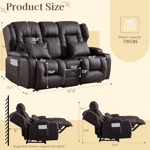 Image of SAMERY 67.6 inch Loveseat Recliner Sofa | Double Recliner Sofa & Console | Wall Hugger Loveseat Reclining RV Theater Seats | RV Couch Home Theater Seating Furniture (Faux Leather Brown)