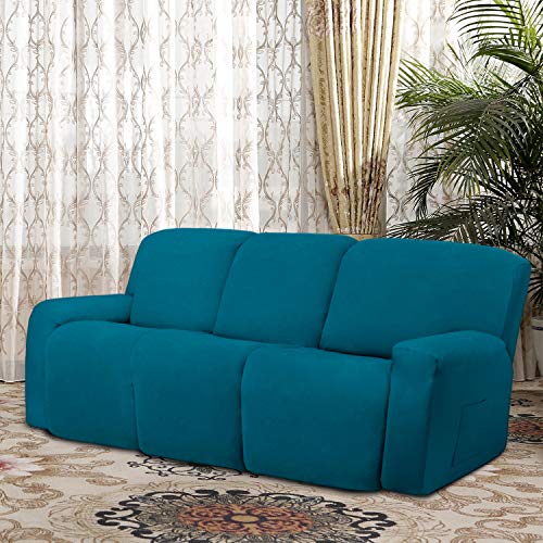Image of Easy-Going 8 Pieces Microfiber Stretch Sectional Recliner Sofa Slipcover Soft Fitted Fleece 3 Seats Couch Cover Washable Furniture Protector with Elasticity for Kids Pet(Recliner Sofa,Peacock Blue)