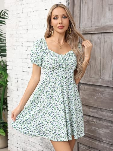 Image of Missufe Women's Puff Short Sleeve Drawstring Ruched Front Fit and Flare Floral Summer Casual Short Dress