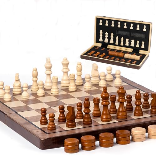 NEWFUN Magnetisches Schachspiel - 2 in 1 Schach- und Damespiel, Hochwertiges Faltbares Holz-Schachbrett, Kinderspielzeug und Geschenke