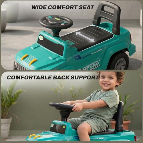 Image of Baybee Speedy Baby Ride on Car for Kids | Portable Kids Car with LED Lights, Music & Storage Basket | Push Toy Cars with High Backrest | Toddler Rideons Jeep for 1 to 3 Years Boys Girls (Green)